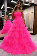 Hot Pink A-Line Tiered Tulle Long Prom Dress