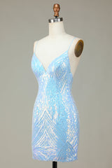 Sparkly Sheath Spaghetti Straps Blue Sequins Short Homecoming Dress with Backless