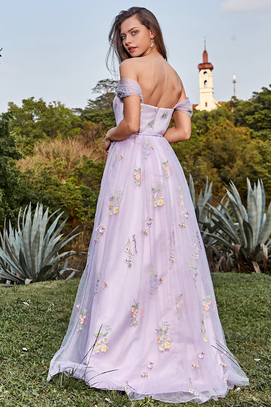 Lavender A Line Tulle Off the Shoulder Embroidery Prom Dress