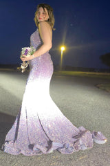 Plus Size Sweetheart Neck Fuchsia Sequined Mermaid Prom Dress With Sweep Train