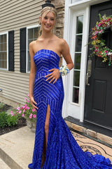 Sky Blue Sequins Strapless Long Prom Dress