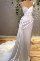 White Spaghetti Strap Long Mermaid Evening Dress with Pearls