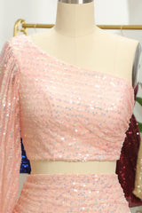 Pink Two Piece Sequin Homecoming Dress