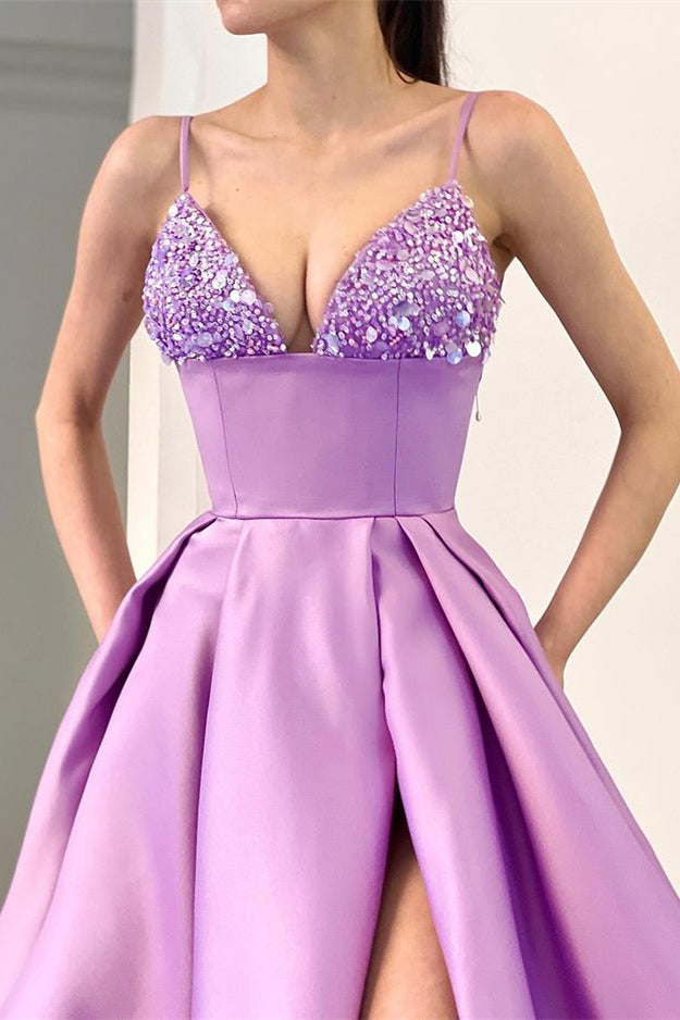 Lavender Spaghetti-Straps Sequins A-Line Evening Dress with Split