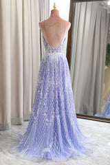 Lilac A Line Backless Long Prom Dress With Appliques