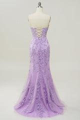 Light Purple Sweetheart Lace-Up Long Mermaid Prom Dress with Appliques