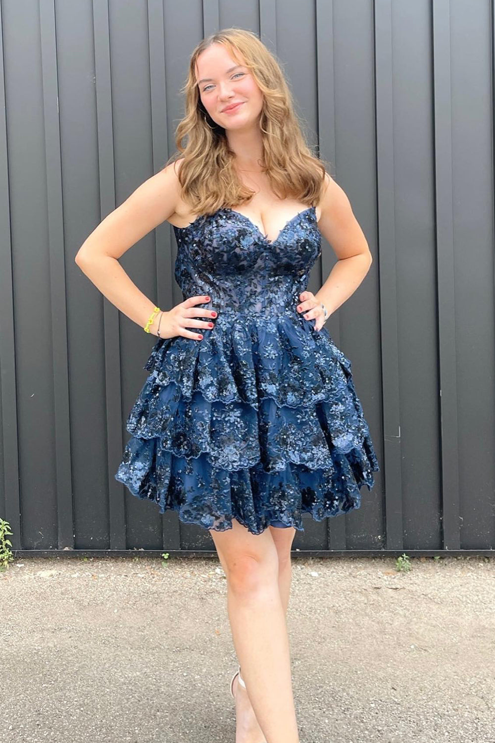 Sparkly Navy Corset Top Spaghetti Straps A-Line Lace Short Homecoming Dress