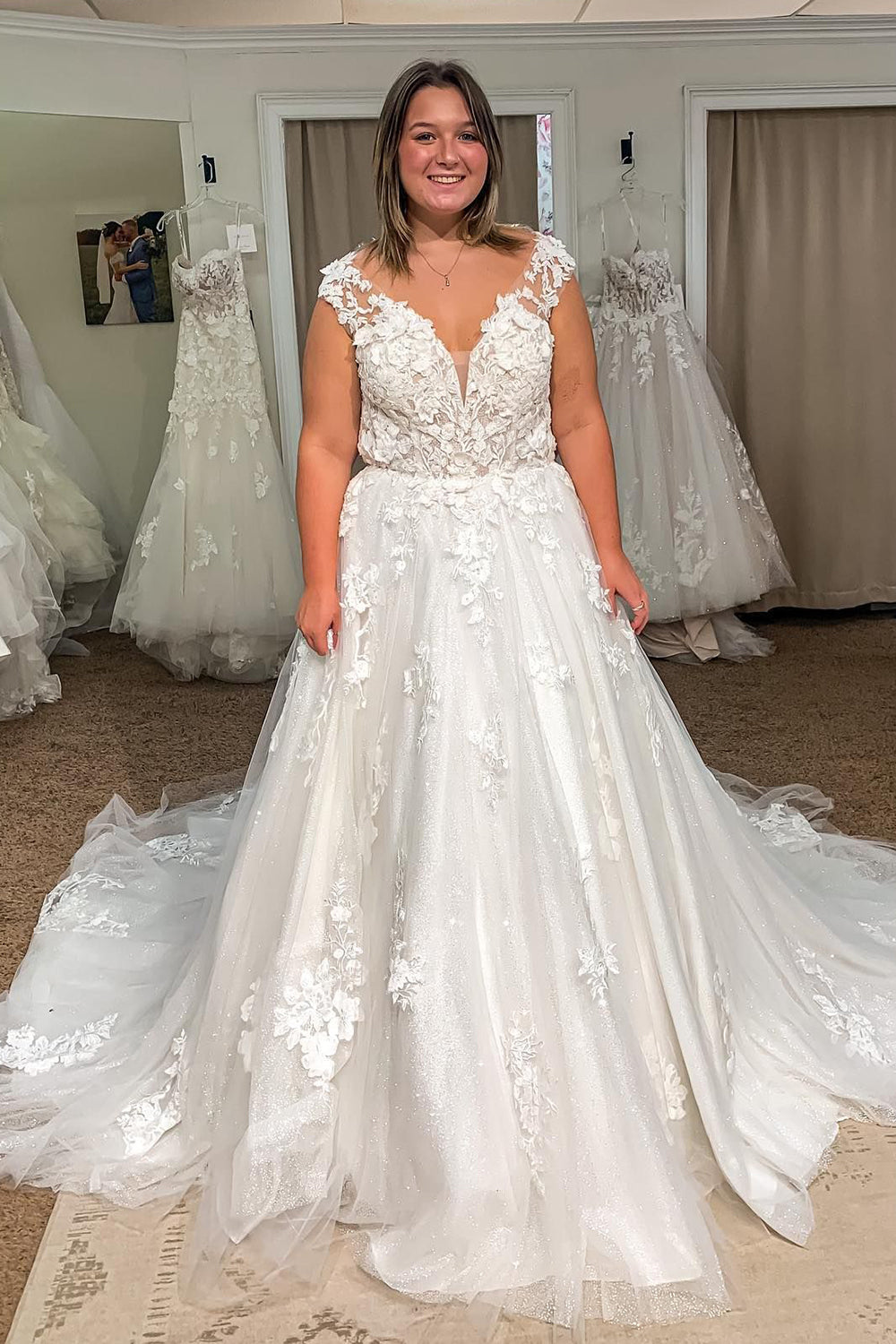 Glittering Ivory Long Tulle Plus Size Wedding Dress with Lace