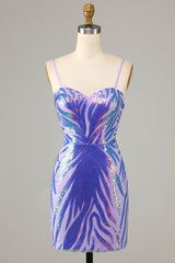 Glitter Purple Spaghetti STraps Tight Sequins Short Homecoming Dress