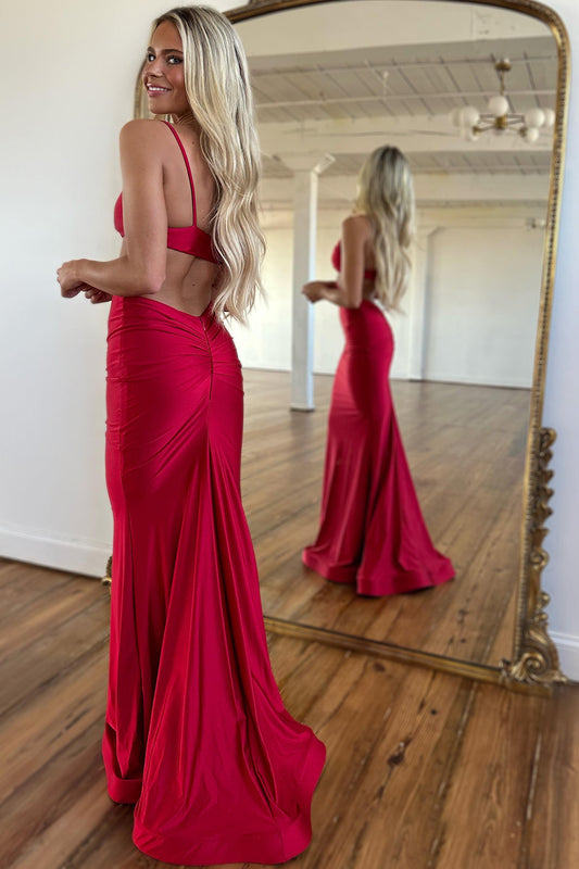 Red Spaghetti Straps Cut Out Long Prom Dress with Slit