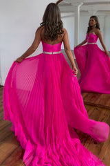 Sparkly Hot Pink Chiffon Pleated Long Prom Dress with Slit