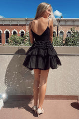 Glitter Navy Tiered Spaghetti Straps Short Homecoming Dress