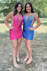 Sparkly Hot Pink Sequined Satin Tight Short Homecoming Dress