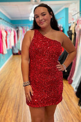 Sparkly Dark Red Sequins One Shoulder Tight Short Homecoming Dress