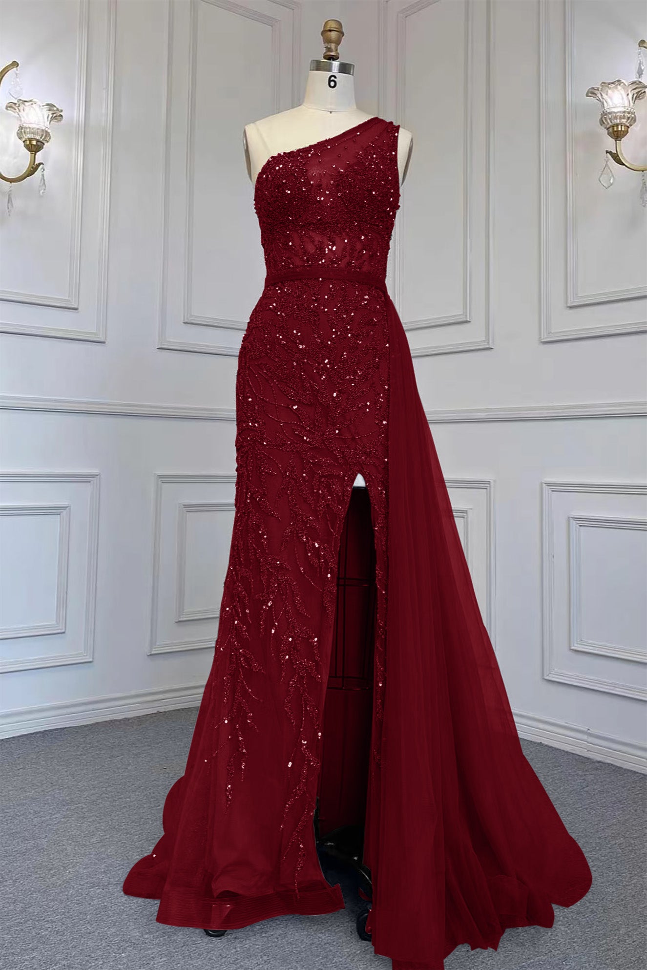 Elegant One Shoulder Tulle Evening Dress with Beadings, Slit, and Rhinestone