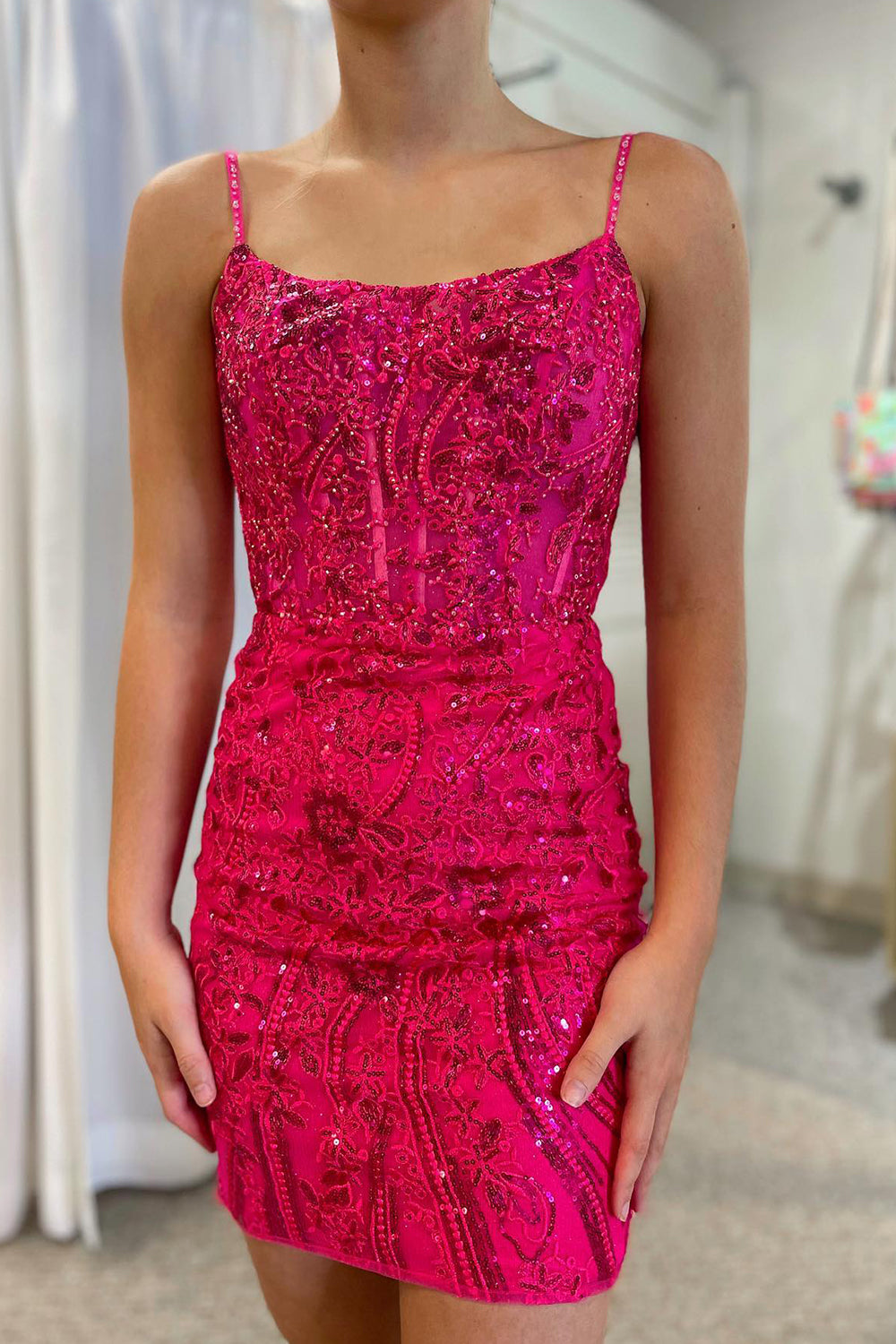 Sparkly Fuchsia Sequined Lace Tight Short Homecoming Dress