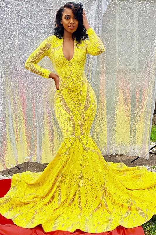 Evening Dress Yellow Mermaid Long Sleeves with Appliques