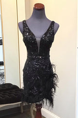 Sparkly Black Sequin V-Neck Backless Tight Short Homecoming Dress with Feathers