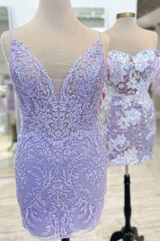 Lavender Lace Spaghetti Straps Tight Short Homecoming Dress with Fringes