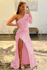 Pink One Shoulder Sequined Prom Dress