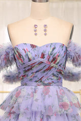 Lavender A Line Strapless Long Tiered Prom Dress With Feathers