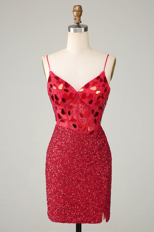 Sparkly Red Sequin Tight Short Mirror Homecoming Dress