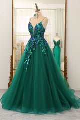 Green Sequin Tulle Spaghetti Straps A-Line Sleeveless Prom Dress