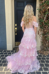 Red Off The Shoulder Tiered Prom Dress