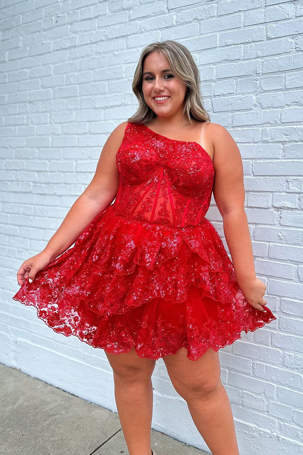 Sparkly Dark Blue Tiered Lace One Shoulder Short Homecoming Dress