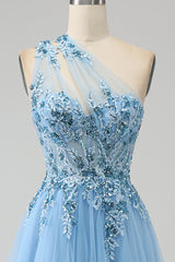 Light Blue A Line Long Corset Prom Dress With Appliques