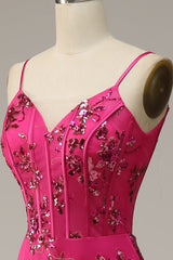 Hot Pink Sequins Print Mermaid Prom Dress