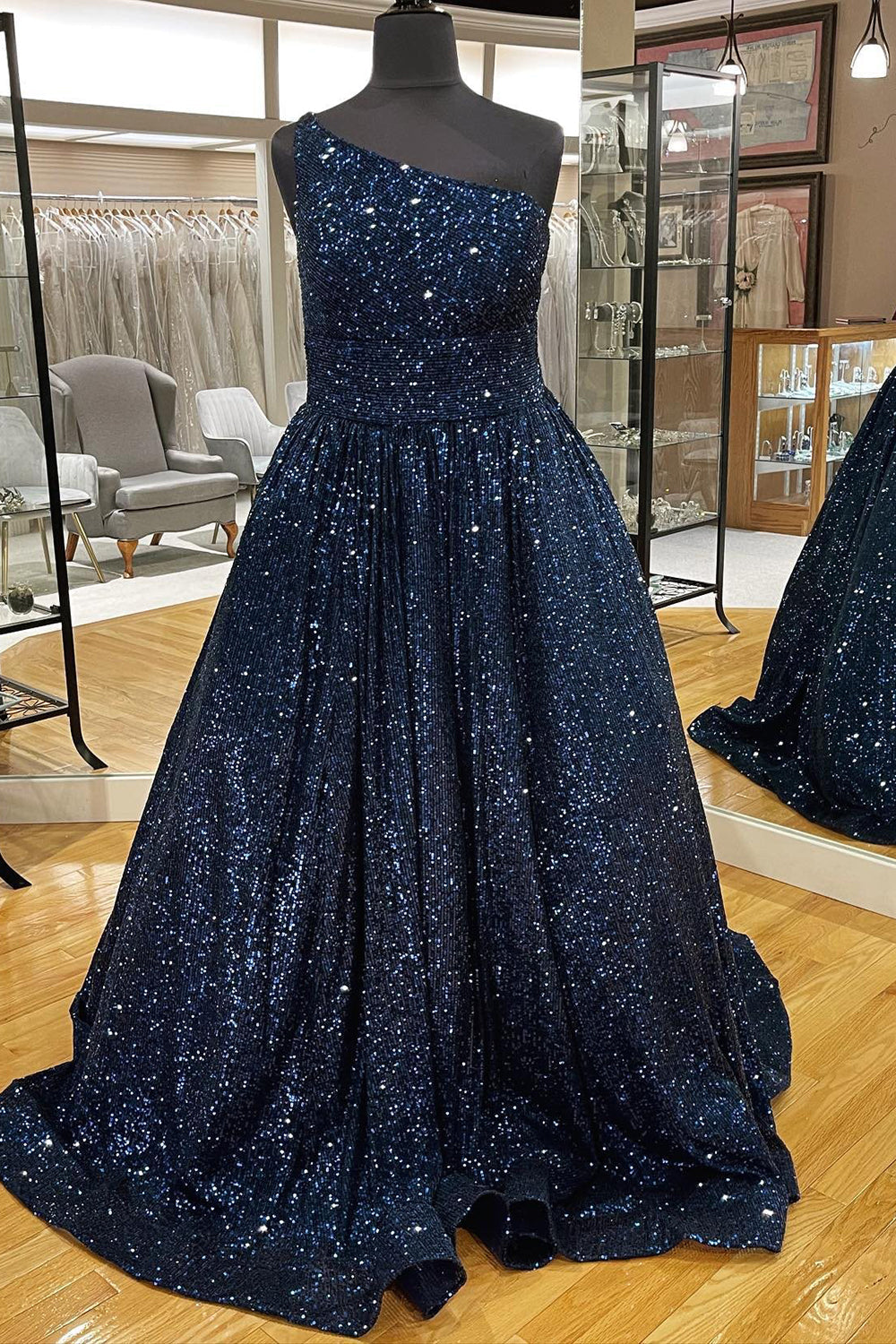 Blue One Shoulder A Line Sequins Prom Dress