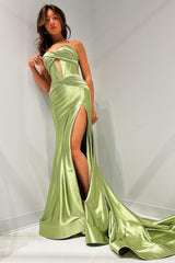 Dark Green Mermaid Sweetheart Long Satin Prom Dress with Slit