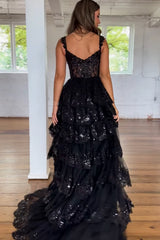 Sparkly Black Pink Tiered A-Line Long Prom Dress with Lace