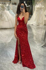 Glitter Red Mermaid Long Mirror Prom Dress With Slit