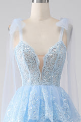 Blue Ruffled Tiered Lace A-Line Long Prom Dress