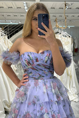 Lavender A Line Strapless Long Tiered Prom Dress With Feathers