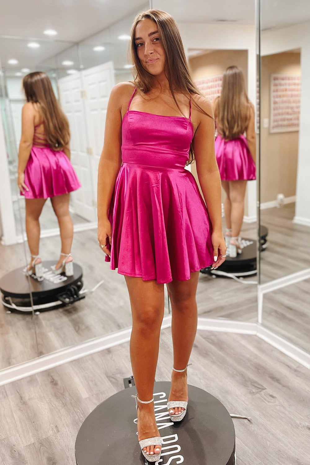 Simple Fuchsia Spaghetti Straps Backless A-Line Short Homecoming Dress