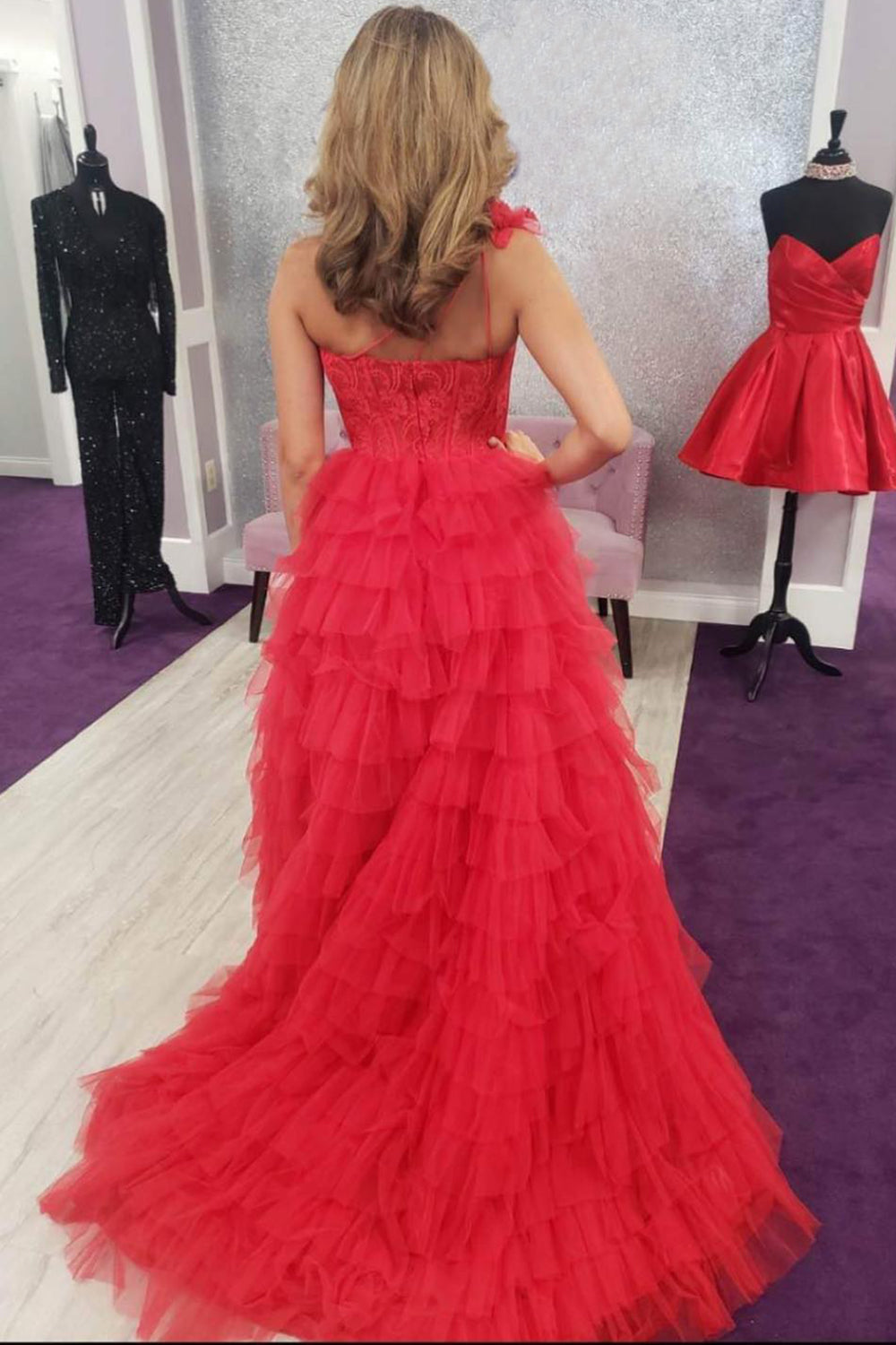 Red One Shoulder Corset Tiered Long Prom Dress with Ruffles