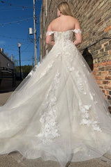 Dazzling Glitter A-Line Off-the-Shoulder White Long Wedding Dress with Appliques