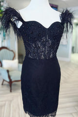 Sparkly Black Off The Shoulder Corset Tight Short Homecoming Dress with Feathers 