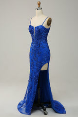 Sparkly Blue Sheath Sequins Long Prom Dress with Slit