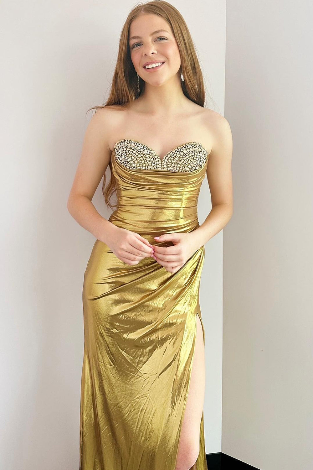 Sparkly Silver Mermaid Beaded Metallic Long Prom Dres with Slit