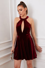 Burgundy Halter Keyhole Mini Velvet Dress