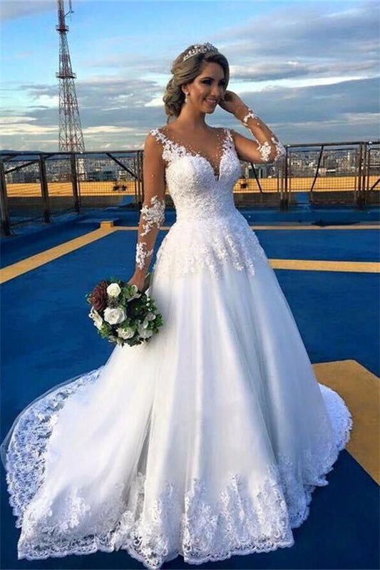 White Tulle Wedding Dress A Line Long Sleeves Bridal Dress with Lace Appliques