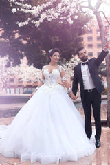 White Ball Gown Wedding Dress Long Sleeves Lace Applique Bridal Dress