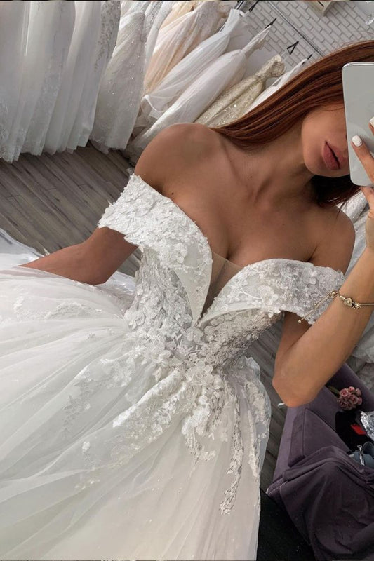 Off The Shoulder Wedding Dress Lace Appliques Ball Gown Bridal Dress