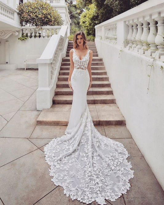 Ivory Wedding Dress V Neck Lace Mermaid Bridal Dress