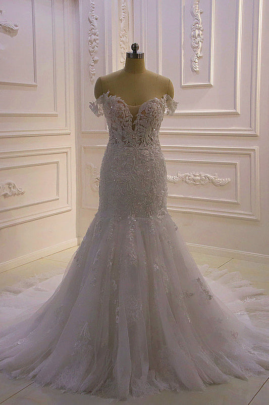 Amazing White 3D Lace Appliques Off The Shoulder Mermaid Tulle Wedding Dress