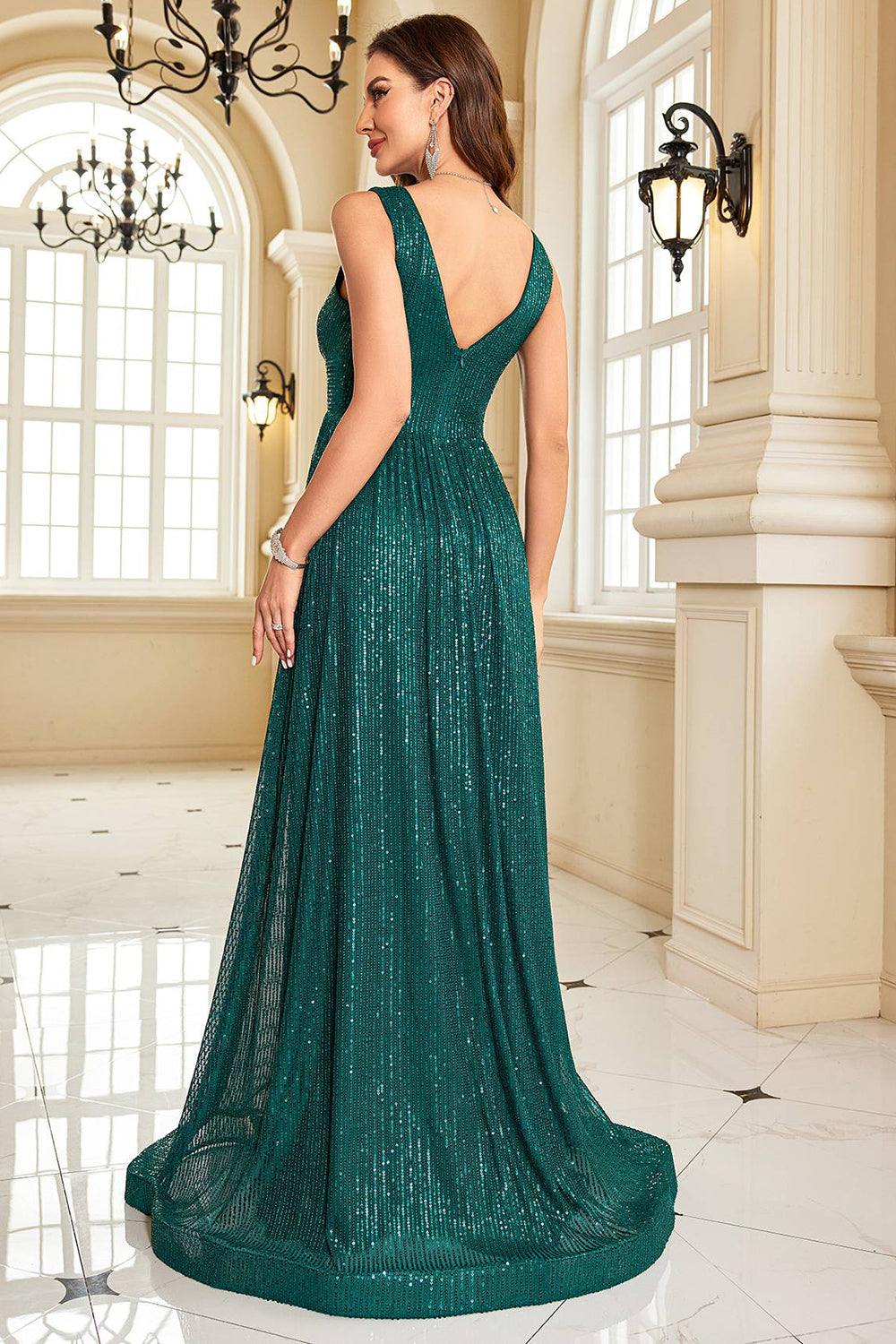 Glitter Dark Green Long Sequined Long Prom Dress